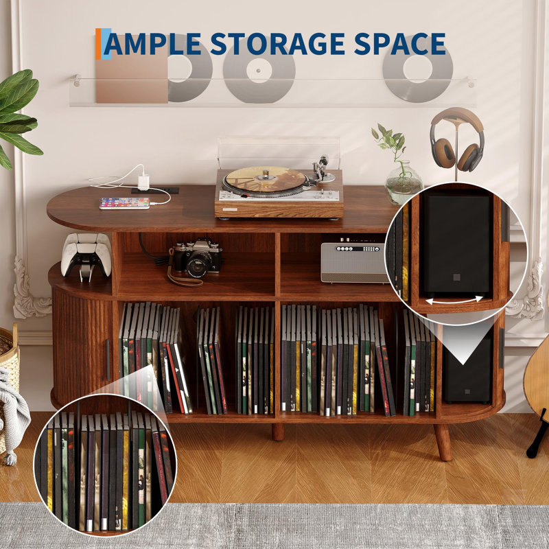 Mid-Century Modern Record Player Stand, Large 55'' Round Turntable Cabinet with Storage