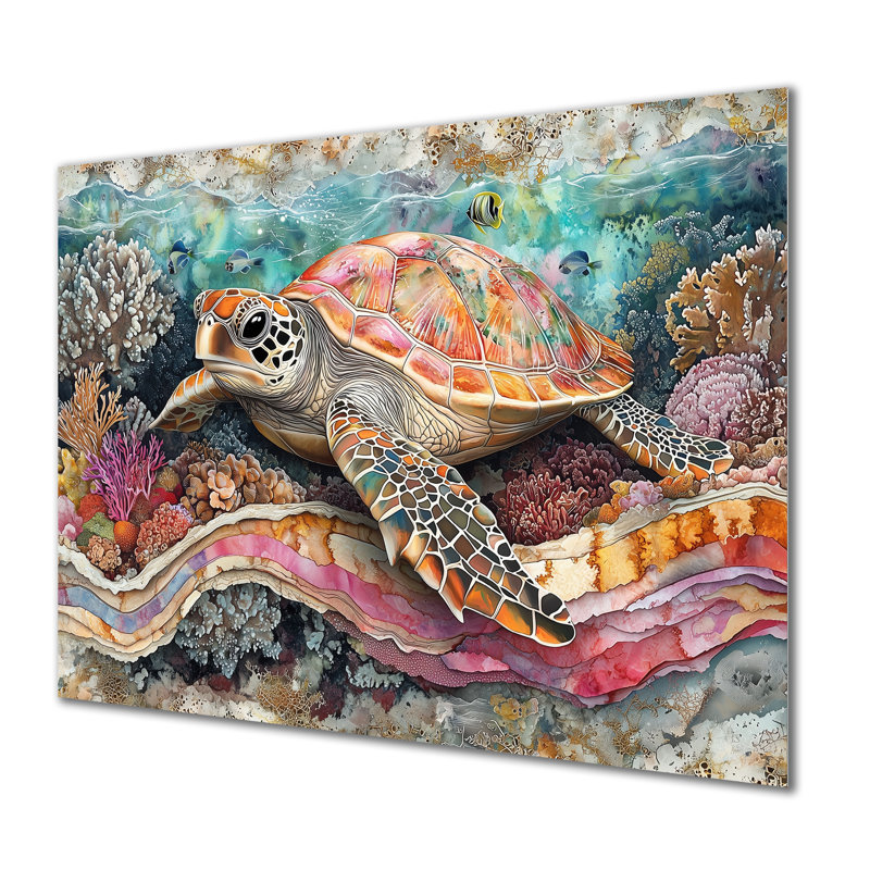 Aquarium, tortue, corail, sanctuaire III - reproduction de tortue sur métal, H 12 po x l 20 po