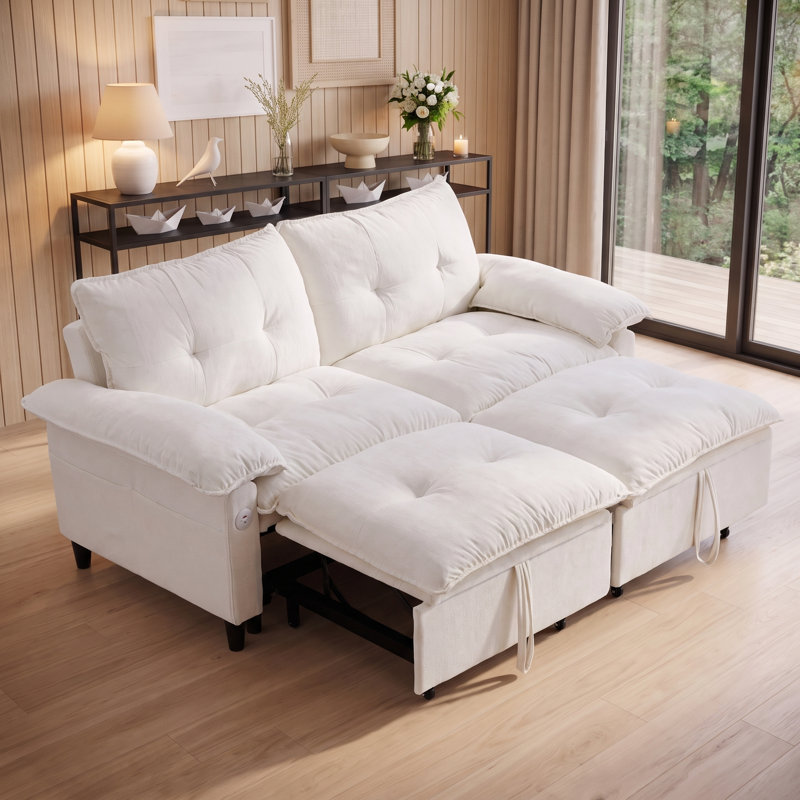 Canapé-lit convertible avec matelas escamotable 73 po, Blanc beige