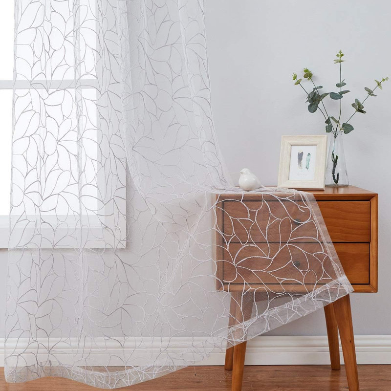 Chic Boho Sheer Embroidered Curtains With Beautiful Embroidery, 54" W x 96" L, Silver