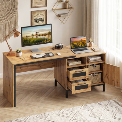Bureau de direction 71 po avec compartiments ouverts, tiroirs de rangement et armoire à une porte Naturel