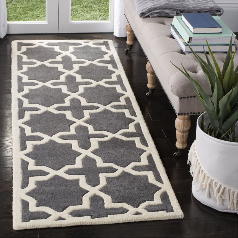 Tapis ivoire / mauve en laine touffeté à la main Deedgra, Tapis de couloir 2 pi 3 po x 7 pi