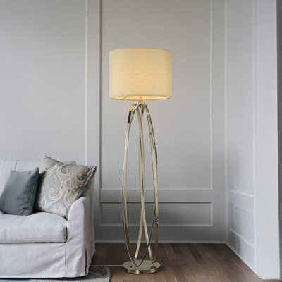 Élégante lampe sur pied 62 po en nickel poli avec abat-jour tambour en tissu ivoire pour le salon et la salle à manger