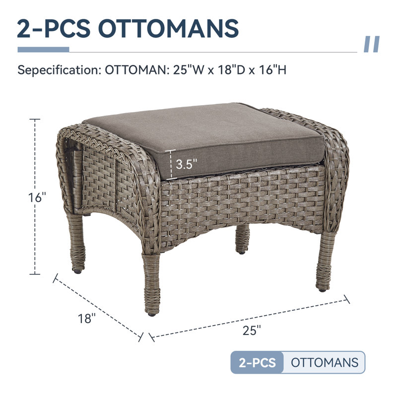 Repose-pieds d'extérieur en osier Arbor avec coussins moelleux pour l'extérieur - durable et résistant aux intempéries, Gris