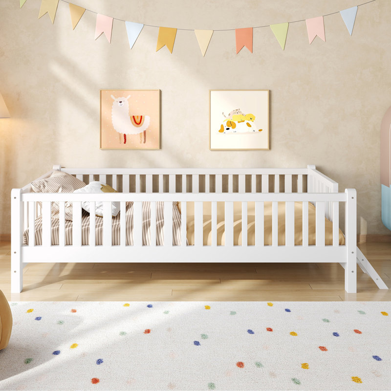 Wooden Twin Size Bed With Guardrail, White