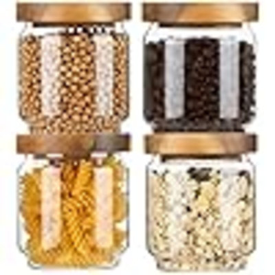 Glass Storage Containers Set Of 4, 15 FL OZ High Borosilicate Glass Jars Kitchen Food Canisters With Acacia Wood Lids For Coffee Beans/Sugar/Tea/Nuts