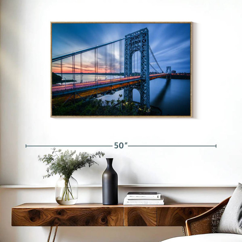 Pont George Washington à l'aube, Cadre flottant en bois naturel, 37 po x 25 po