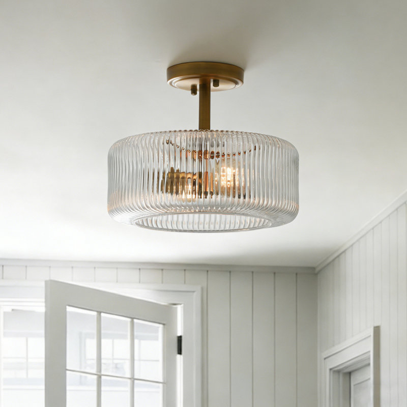 Traditional Striped Glass Flush Mount - 12in, 2-Light, Antique Brass, 10.03" H x 11.81" W x 11.81" D, 2 Lights