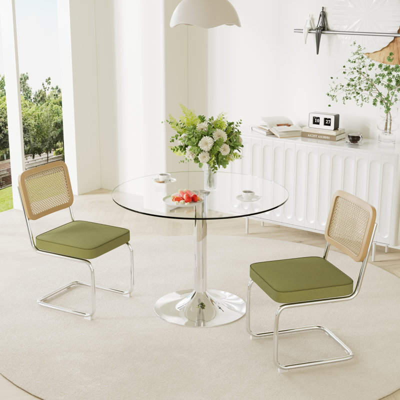 3-Piece Round Glass Dining Table Set, Green, 29.5" H x 39.7" L x 39.7" W