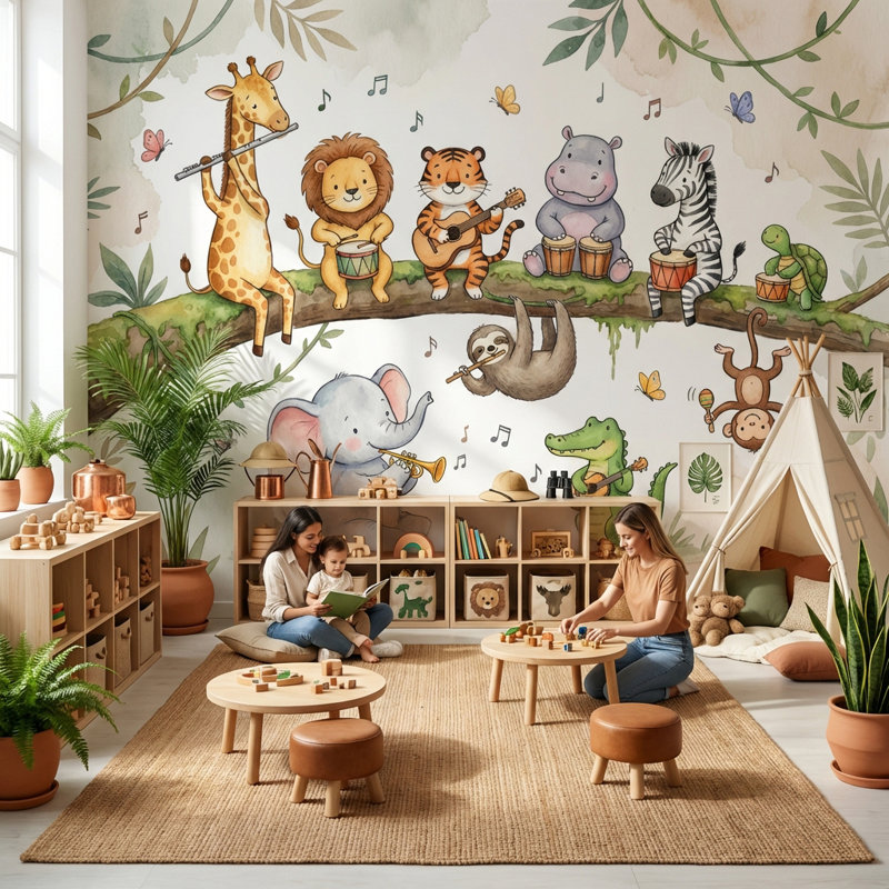 Papier peint animaux animaux Jungle Music, 120 po x 96 po, Peler et coller