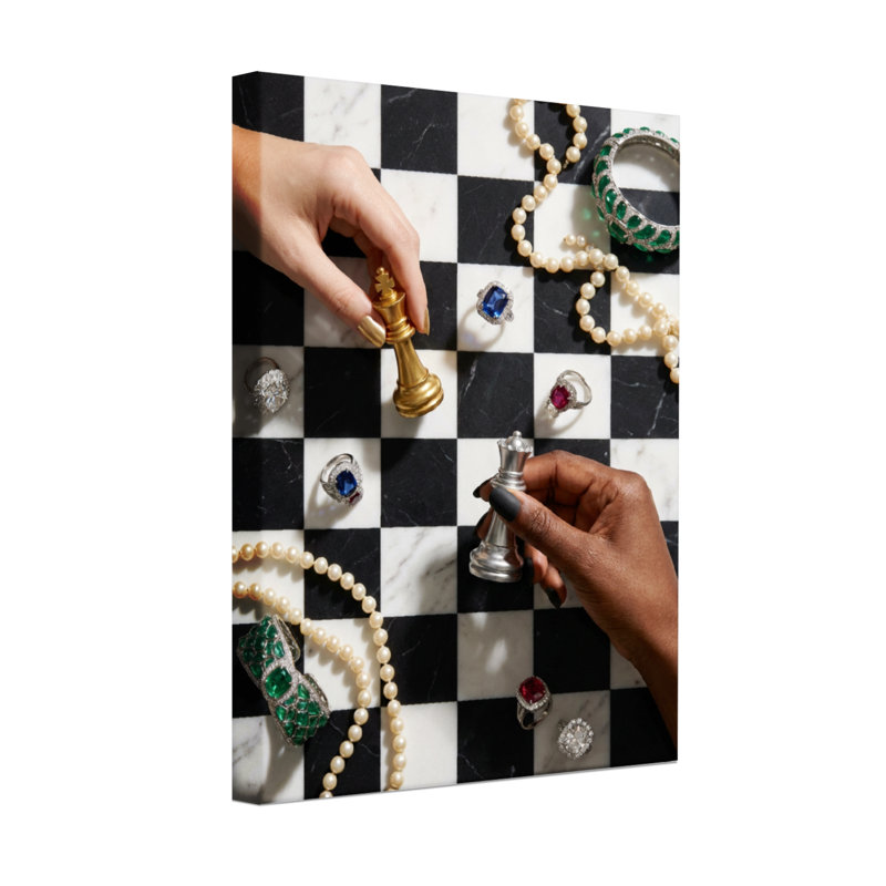 Échiquier abstrait avec bijoux et mains, H 20 po x l 30 po