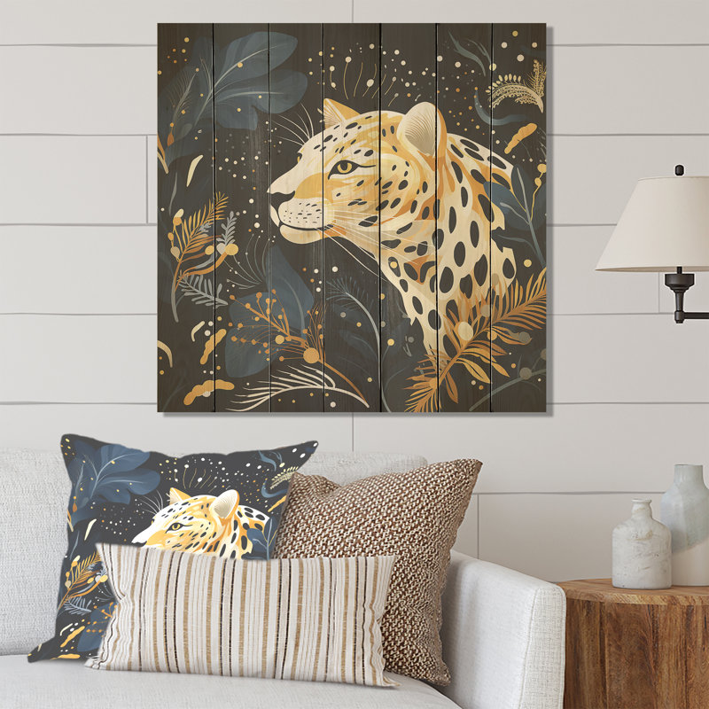 Collage de léopard jaune et bleu I - léopard / guépard sur bois, H 30 po x l 30 po