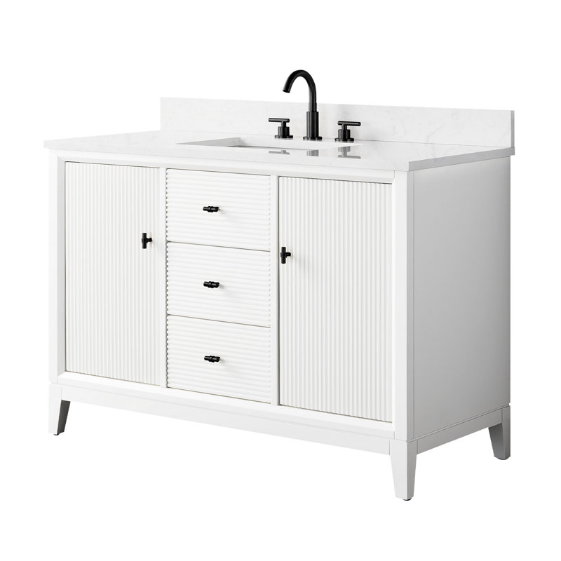 Ensemble de meuble-lavabo autoportant 48 po avec plateau en marbre Caldwell, Blanc Arabescato, Blanc, Noir mat