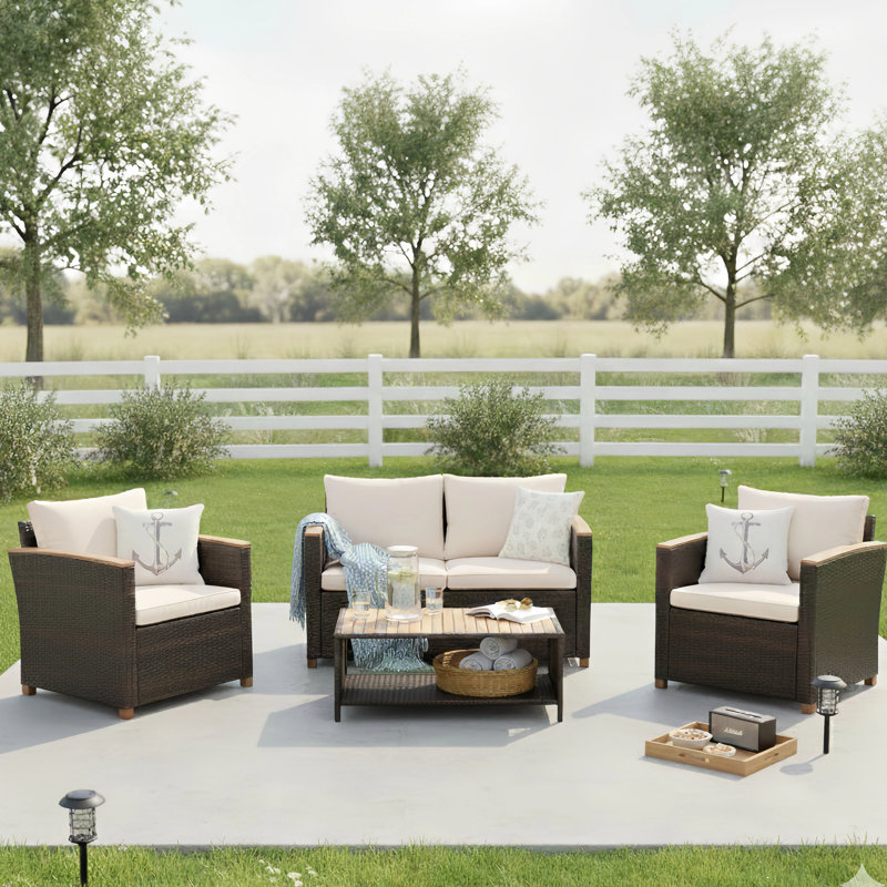 Arlington Vintage Woven Wicker/Rattan 4 - Person Seating Group with Solid Wood Table, Dark Brown/Beige