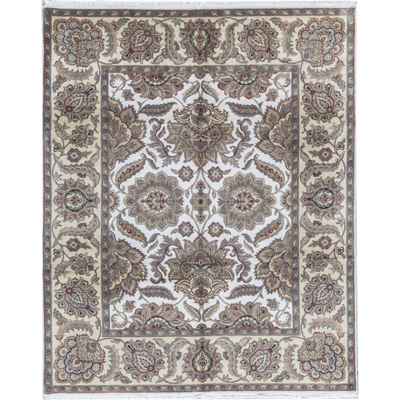 Tapis ivoire et doré de haute qualité noué à la main, Rectangle 8 pi 1 po x 10 pi 1 po