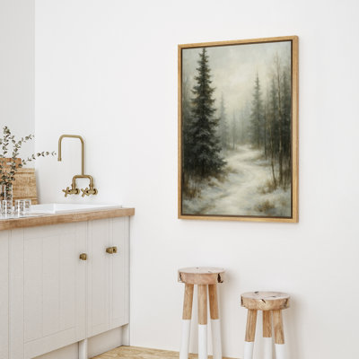 Winter Forest Path with Snow and Evergreen Trees Framed Canvas Master Bedroom Wall Art Work Print