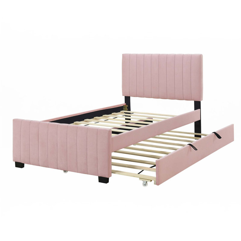Lit plateforme tapissier en velours avec lit gigogne, Simple, Rose