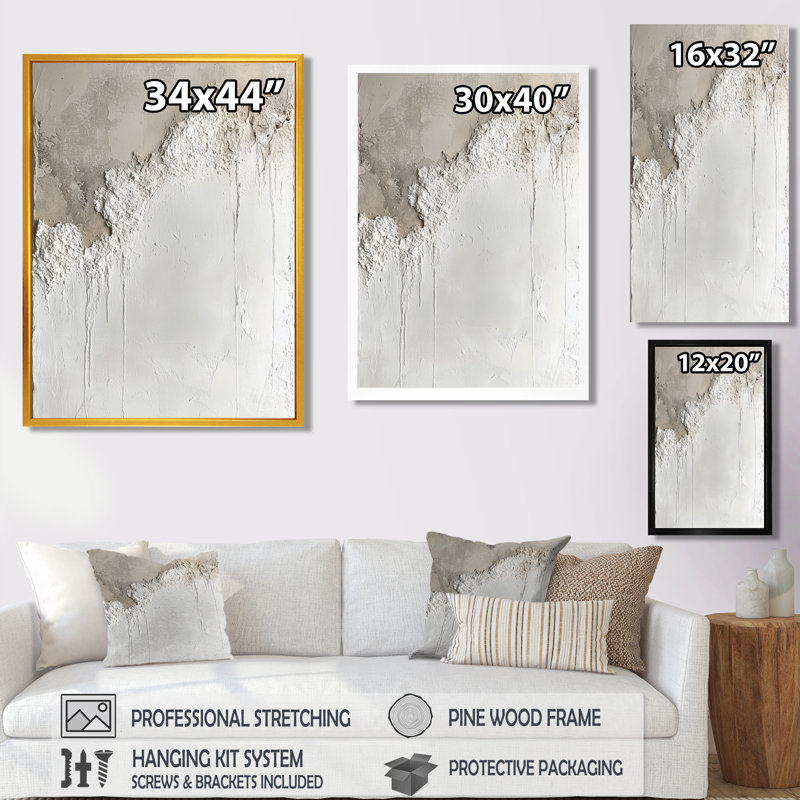 Couches de peinture en plâtre beige doux I - Décoration murale en toile beige propre, H 44 po x l 34 po, Cadre flottant noir