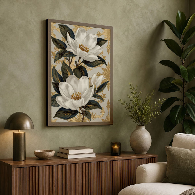 White Magnolia Bloom Botanical - Wrapped Canvas, 36x24 - 91.4 x 61.0 cm, Cream Border