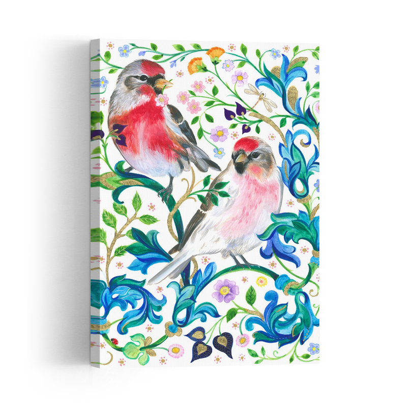 Redpoll Birds Colorful Vibrant Whimsical Dragonfly Ladybug Bird Nature Spring Wall Art Print by Isabelle Brent - Wrapped Canvas Print