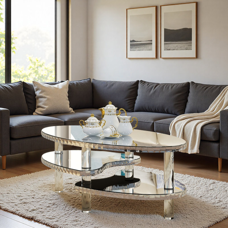 Silver Mirrored Glass Oval Coffee Table With Double-layer Design, Acylic Legs And Crystal Decor