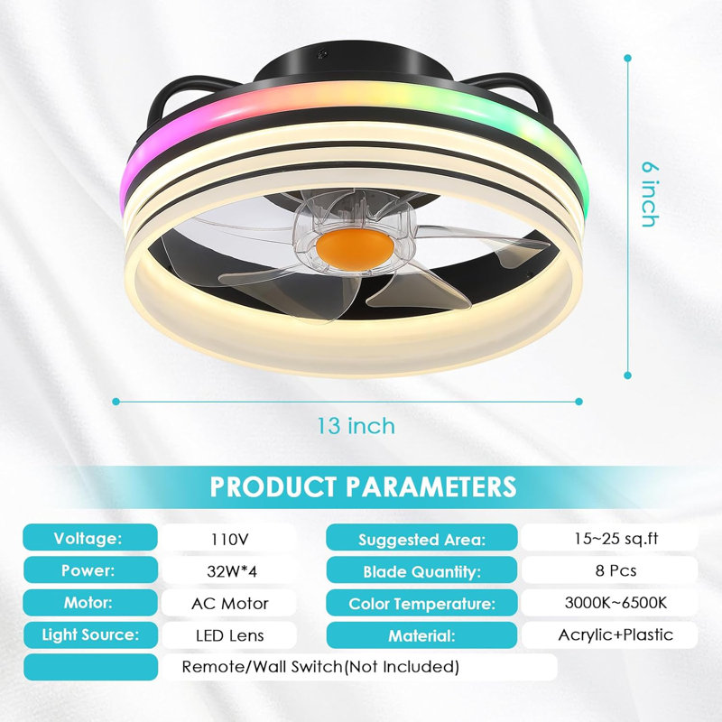 Petits ventilateurs de plafond encastrés modernes avec lumières et télécommande, Noir / rouge, vert, bleu