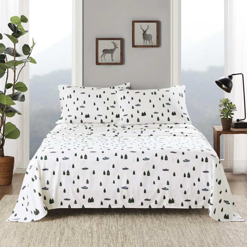Ensemble de draps 4 pièces très grand format avec arbres et camions 100% flanelle de coton lavable à la machine pour un meilleur ajustement