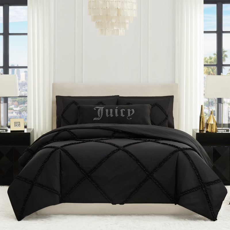 Diamond Ruffle Reversible Microfiber Comforter Set, Queen Comforter + 2 Standard Shams, Black