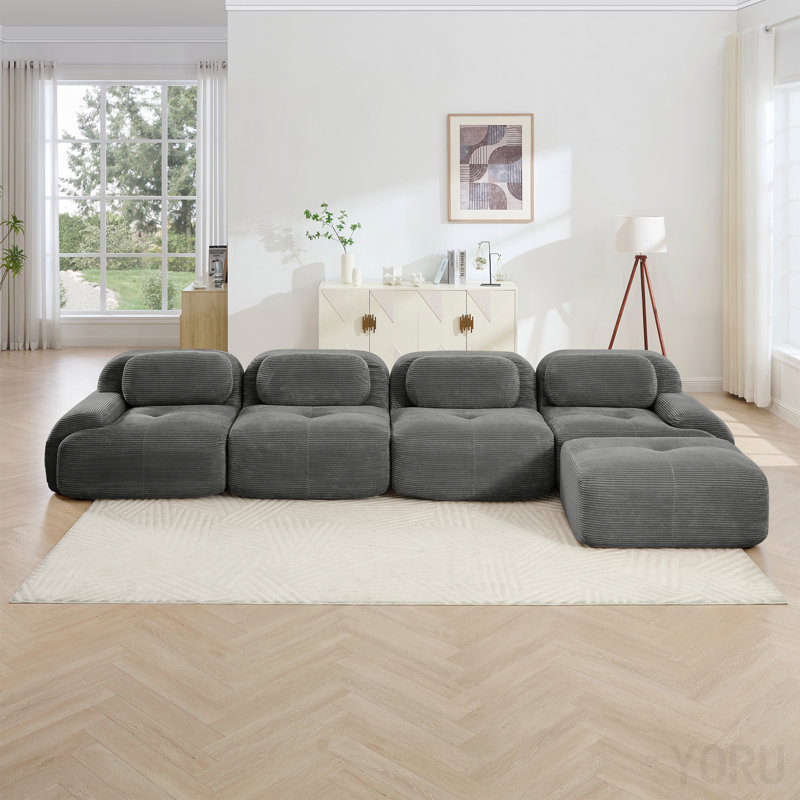Canapé modulaire en L 4 places avec méridienne, accoudoirs courbés extra-larges, éponge 32D - gris