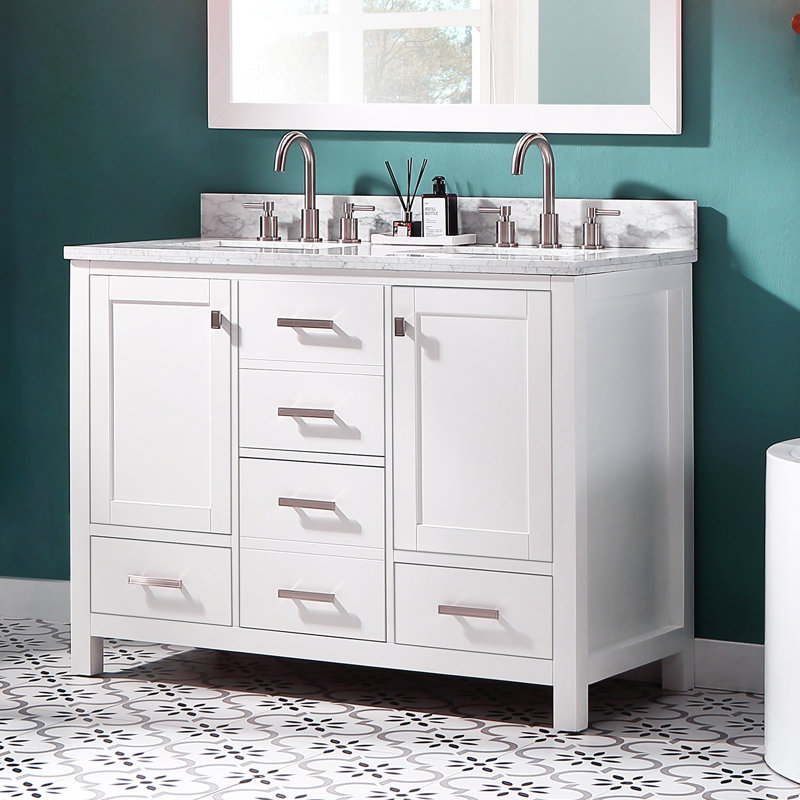 Vitor 48'' Modern And Traditional Bathroom Double Sink Vanity Set With White Italian Carrara Marble Countertop & Backsplash, Fully Assembled