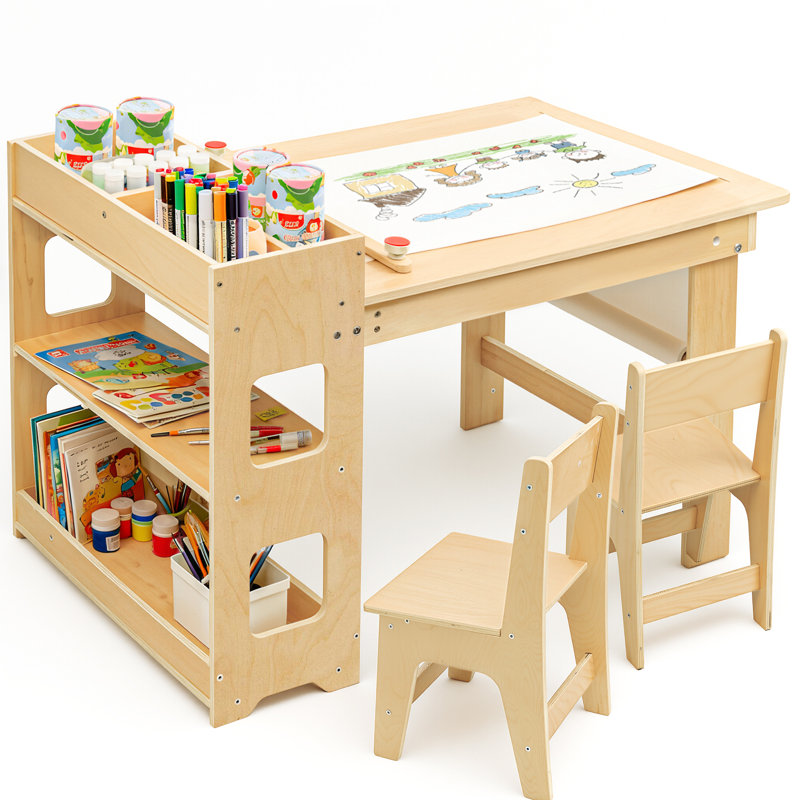 Kids Art Table And 2 Chairs ,Toddler Activity Table With  Large Storage Shelves ,Paper Roll,For Drawing,Crafts ,Play