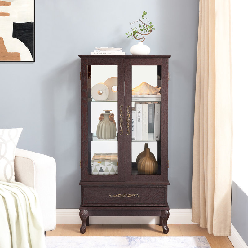 Vitrine en cerisier foncé avec tablettes flexibles, 2 portes, 1 tiroir, illuminé, présentoir de rapport rétro en métal - cerisier, tablettes réglables, ampoule incluse, poignée