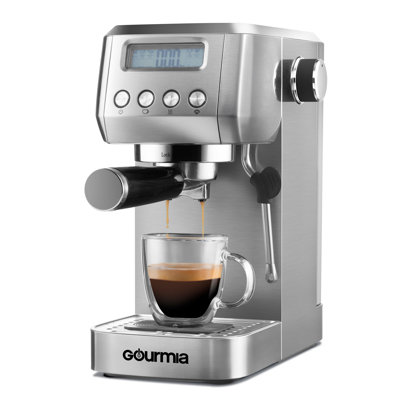 Machine à espresso Gourmia avec pompe à 20 barres, affichage à cristaux liquides et mousseur à lait, acier inoxydable