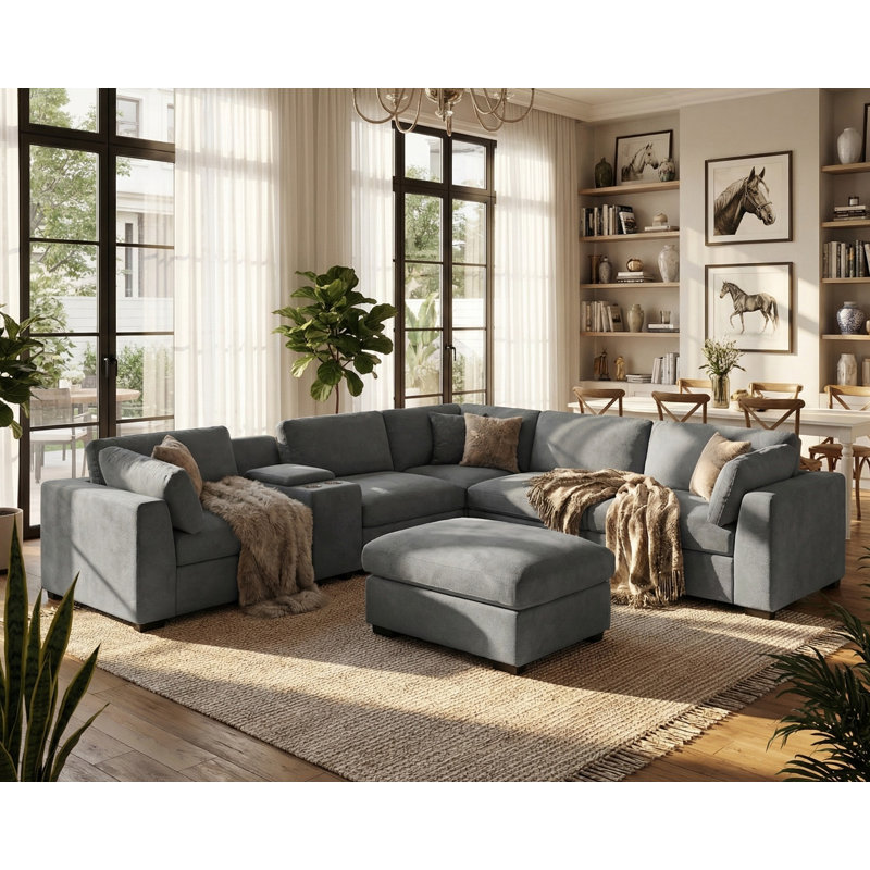 Canapé modulaire surdimensionné rembourré, canapé modulaire Cloud avec repose-pieds et console, Tissu gris
