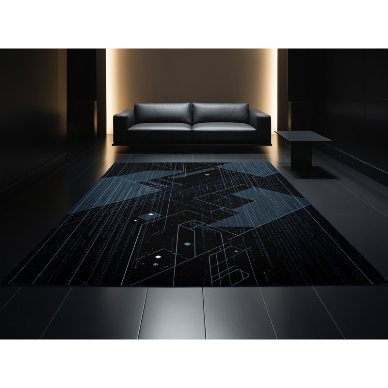Machine Washable Paulett Sleek & Chic Modern Geometric Rug in Blue – Navy Binding, 5 x 8