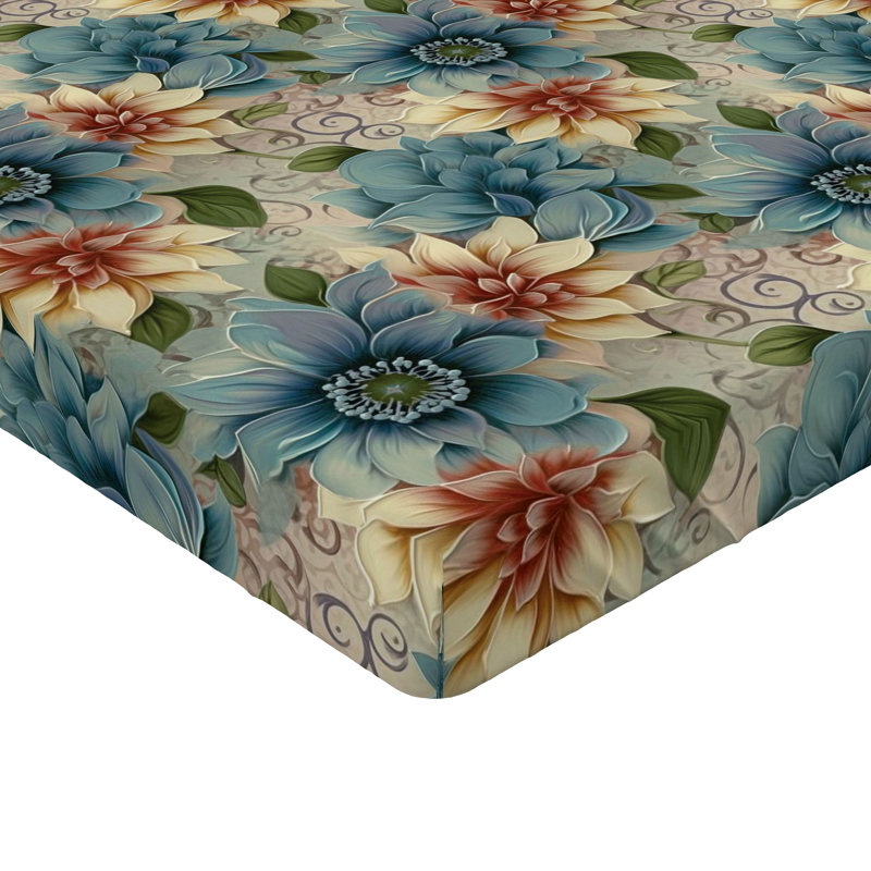 Drap-housse rustique Ambesonne, Drap-housse grand, Bleu sarcelle pâle, crème, rubis pâle / floral