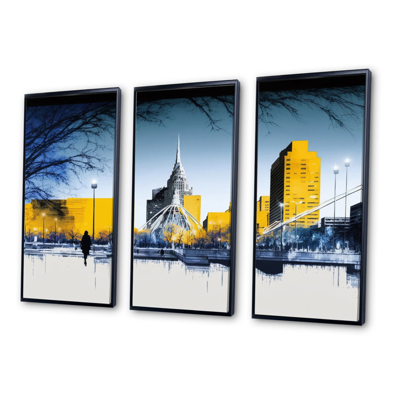 Winnipeg Skyline Of City I - 3 pièces sur toile, H 28 po x l 36 po x P 1 po, Cadre flottant noir