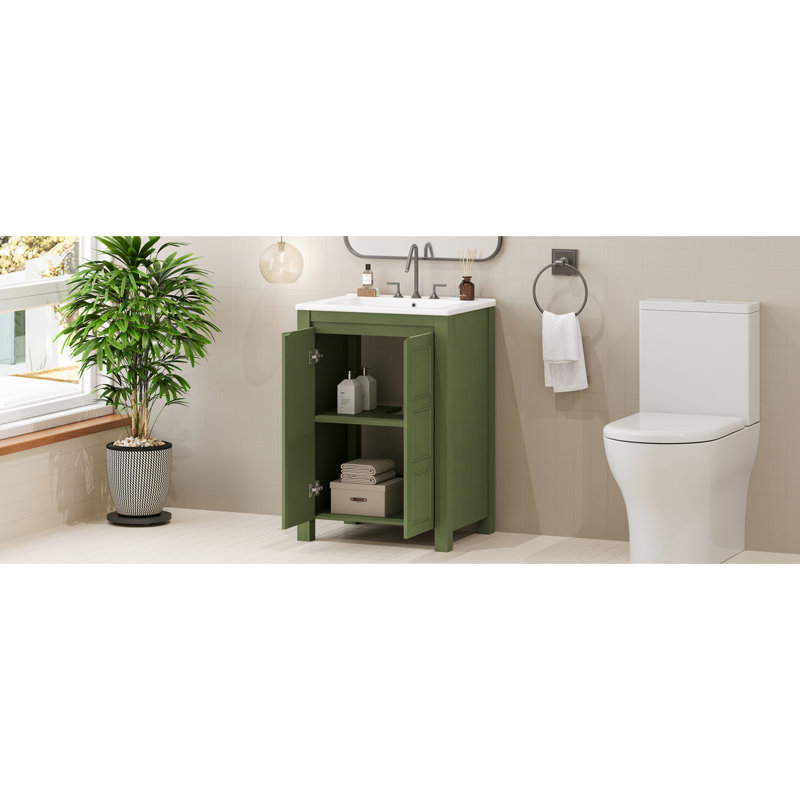 24" Bathroom Vanity With Ceramic Rectangular Sink, Solid Wood Frame, Side Panels, Soft-close Function Frame And, Olive Green