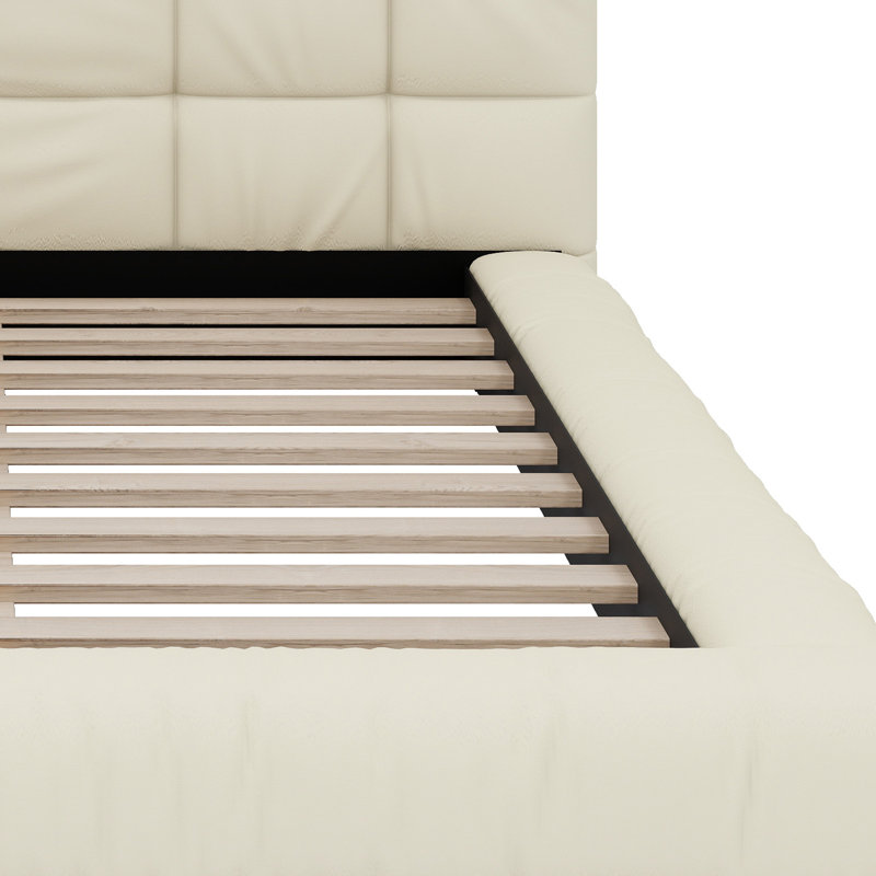 Base de lit plateforme moderne à profil bas avec tête de lit capitonnée et support à lattes robuste, Beige