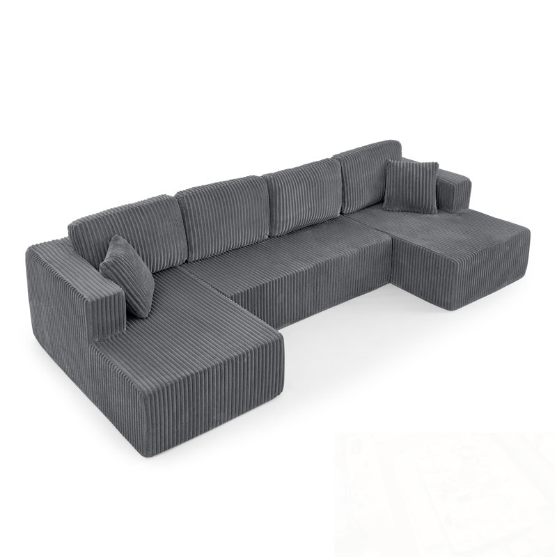 U shape Corduroy Modular Sectional Sofa with soft cushion, Grey