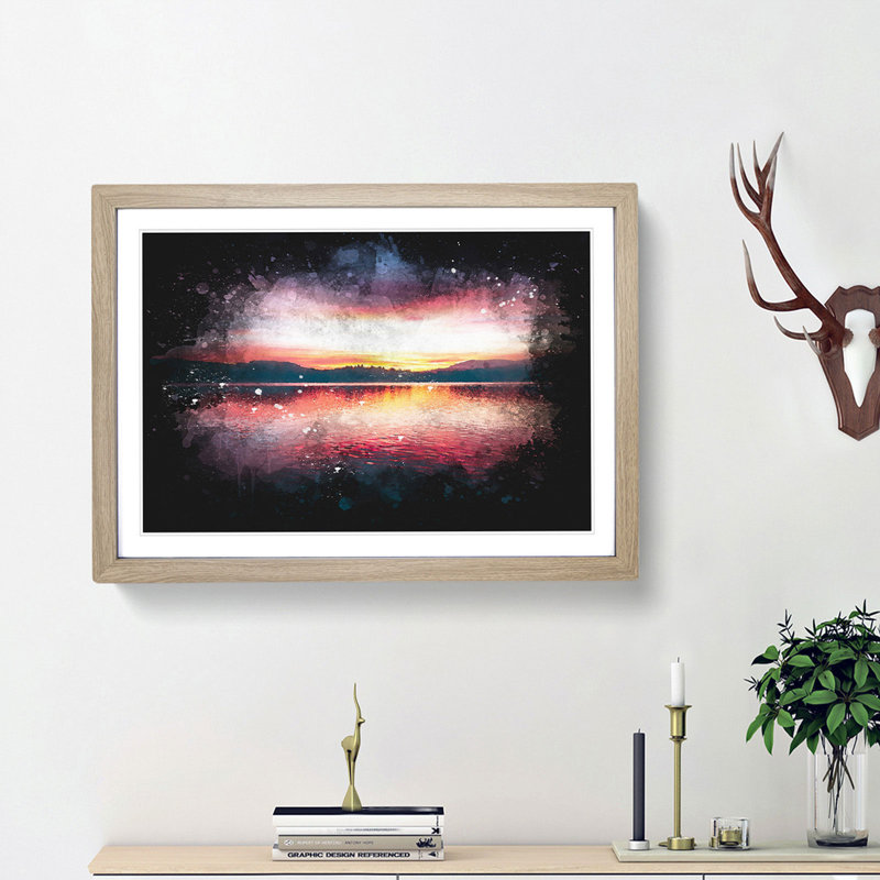 Sunset Over Lake Windermere - Single Picture Frame Print on MDF, 45cm H x 63cm W x 2cm D, Oak Framed