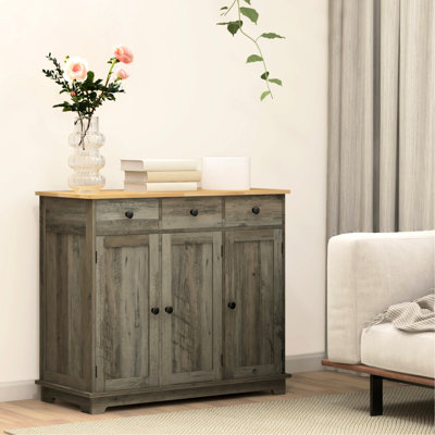 Kitchen Cabinet With Countertop - Gray, Solid Wood, 3 Drawers, Doors, Adjustable Shelf Stores And Arranges Plates, Pots, Pans, Utensils, Napkins In Your Modern Sideboard Wood Countertop,