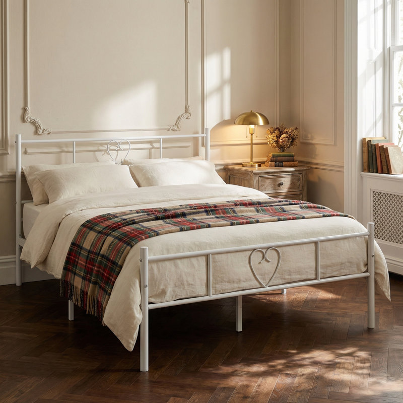 Aaru Heart Design Metal Bed Frame with Headboard & Footboard, Double (4'6), White