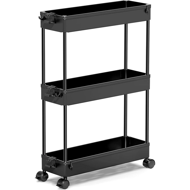 Chariot utilitaire roulant à 3 niveaux LLMRR, chariot de rangement multifonctionnel pour le bureau, le salon, la cuisine, organisateur de rangement mobile avec roues, noir