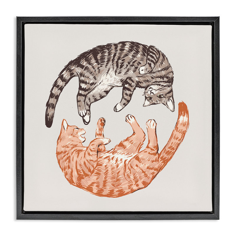 «Tabby Cats Duo», art mural gris sur toile flottante par Ziwei Li, Cadre flottant noir de jais, H 18 po x l 18 po