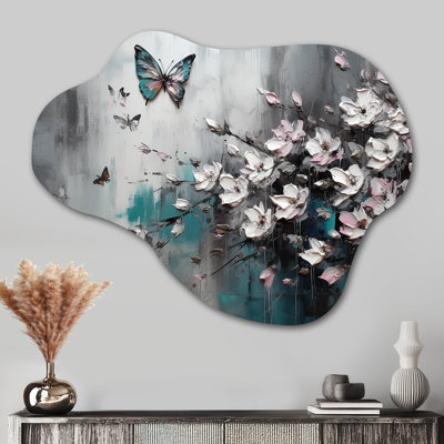 Fleurs avec papillons, peinture V - impression murale asymétrique florale, décoration murale en métal nuage rose