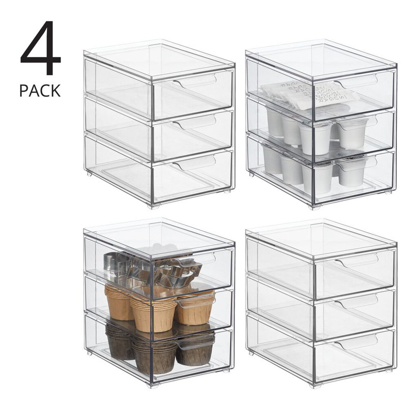 3-Drawer Stackable Organizer - Pull-Out Sliding Storage Drawers for Kitchen or Pantry - Clear
