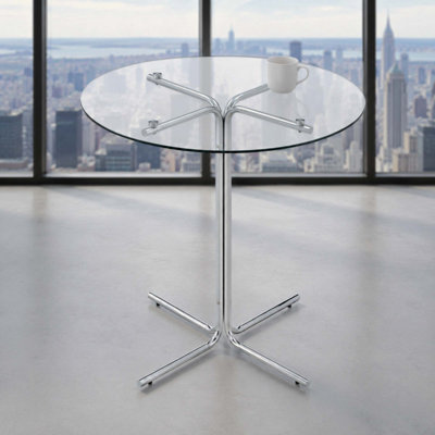 Round glass bar high table, 36 inch round bar table, tempered glass tabletop, sturdy chrome plated four column support, suitable for transparent round bar tables in small spaces.