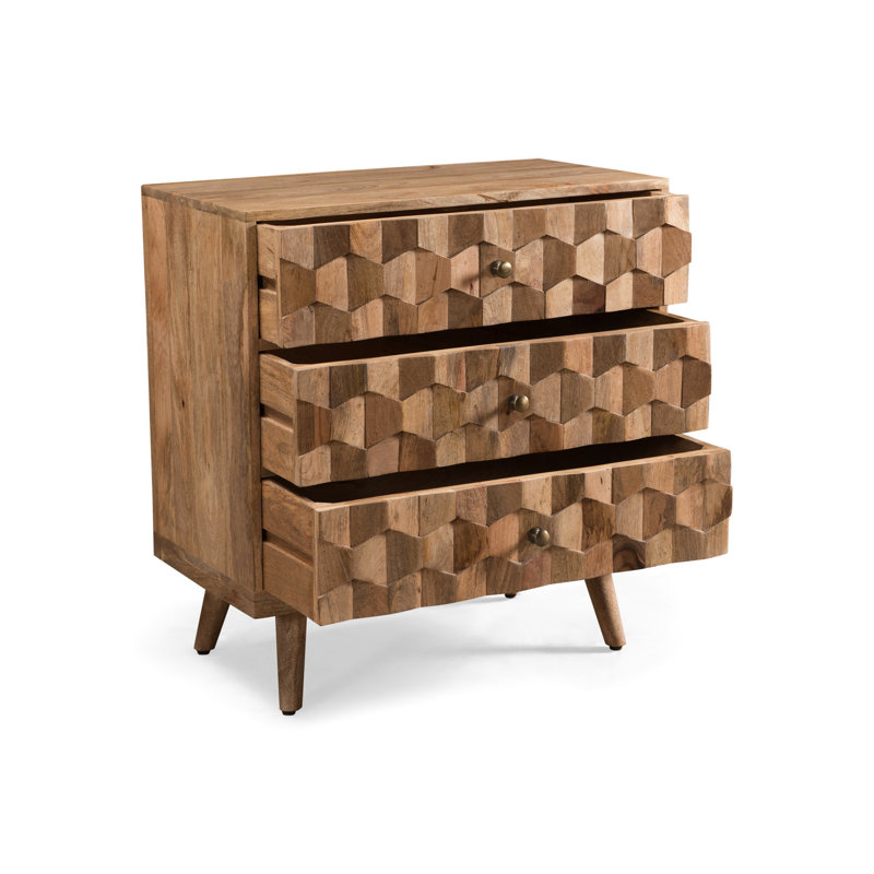 Commode 3 tiroirs en bois de manguier avec atmosphère chic de style Mid-Century et attrait de tissage 3D