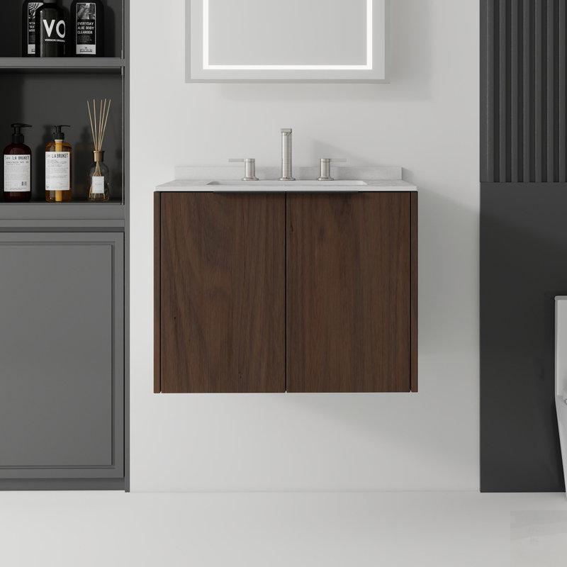 Meuble-lavabo flottant avec porte à fermeture en douceur, comptoir en marbre de granit et contreplaqué, Brun, 23"